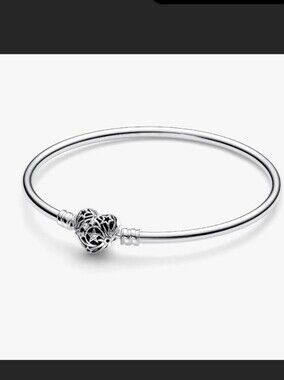 Pandora Silver Openwork Heart Charm Bangle - Silver